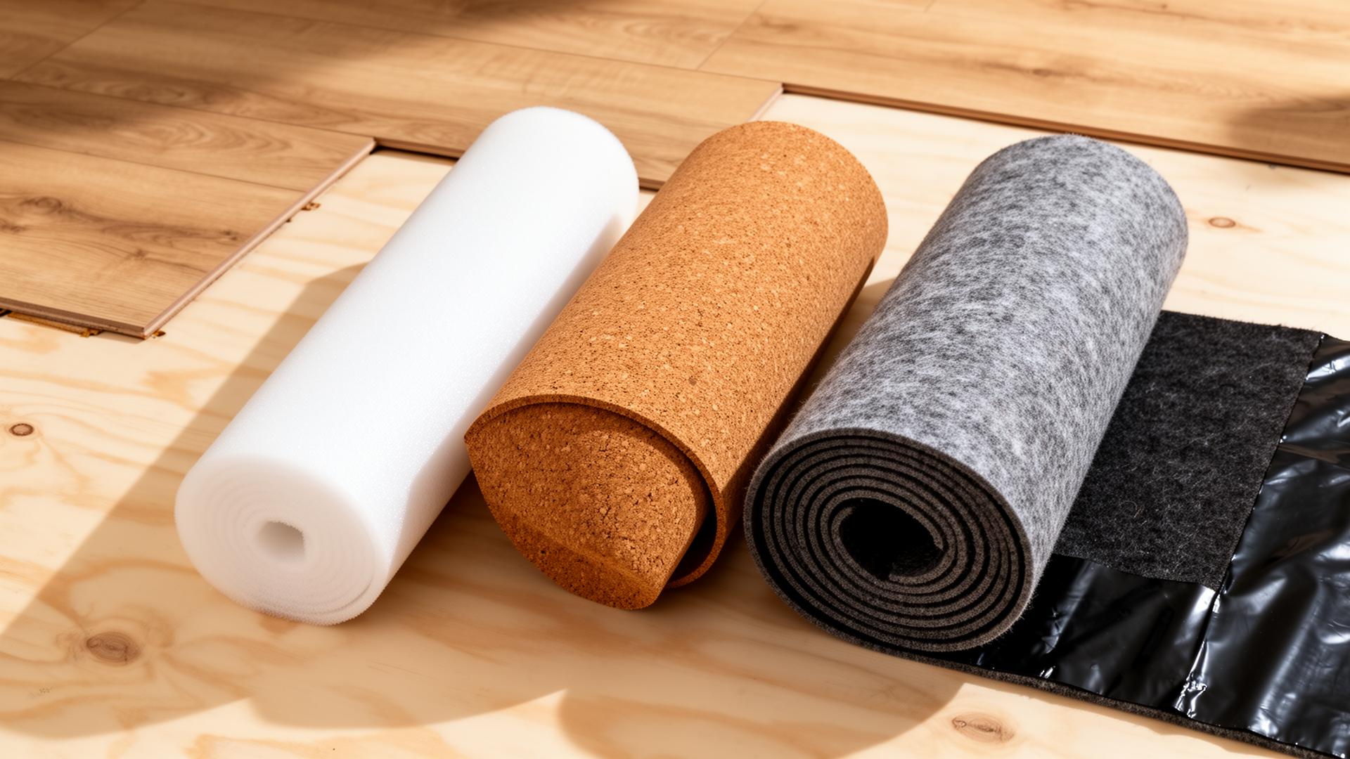 Three rolls of LVP underlayment — white IXPE foam, brown cork, and grey felt with vapor barrier — on a plywood subfloor next to a partially installed light oak LVP floor