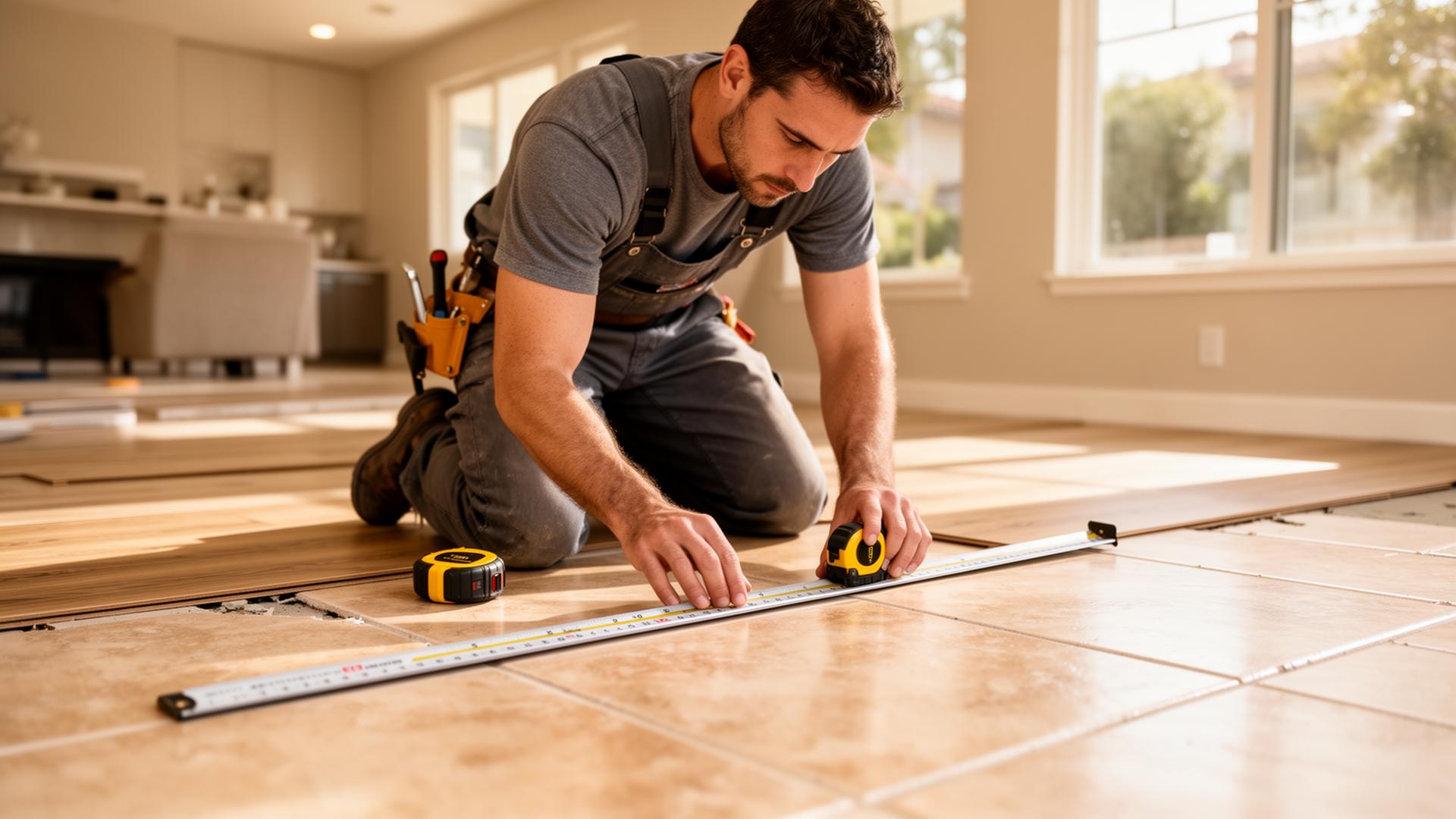 Professional flooring installer checking existing ceramic tile with a long straightedge before installing LVP over it