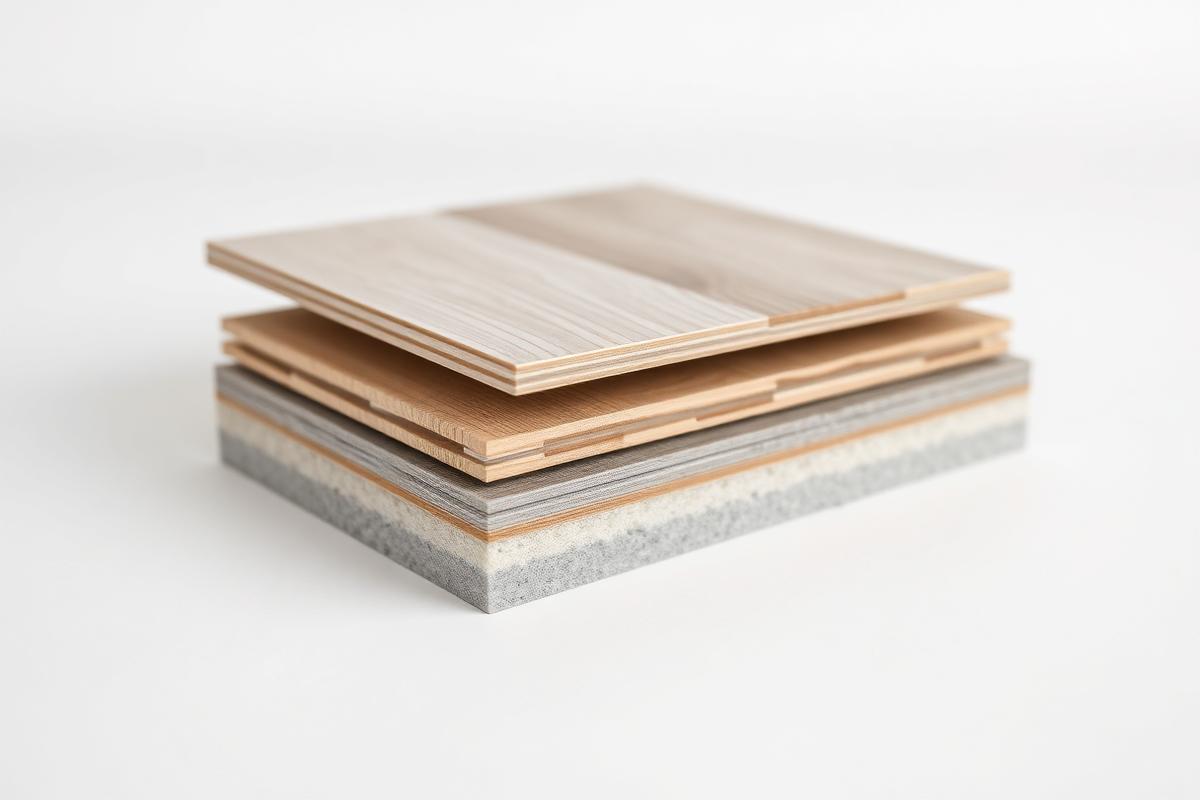 Cross-section of an LVP plank showing the wear layer, decor layer, SPC core, and underlayment