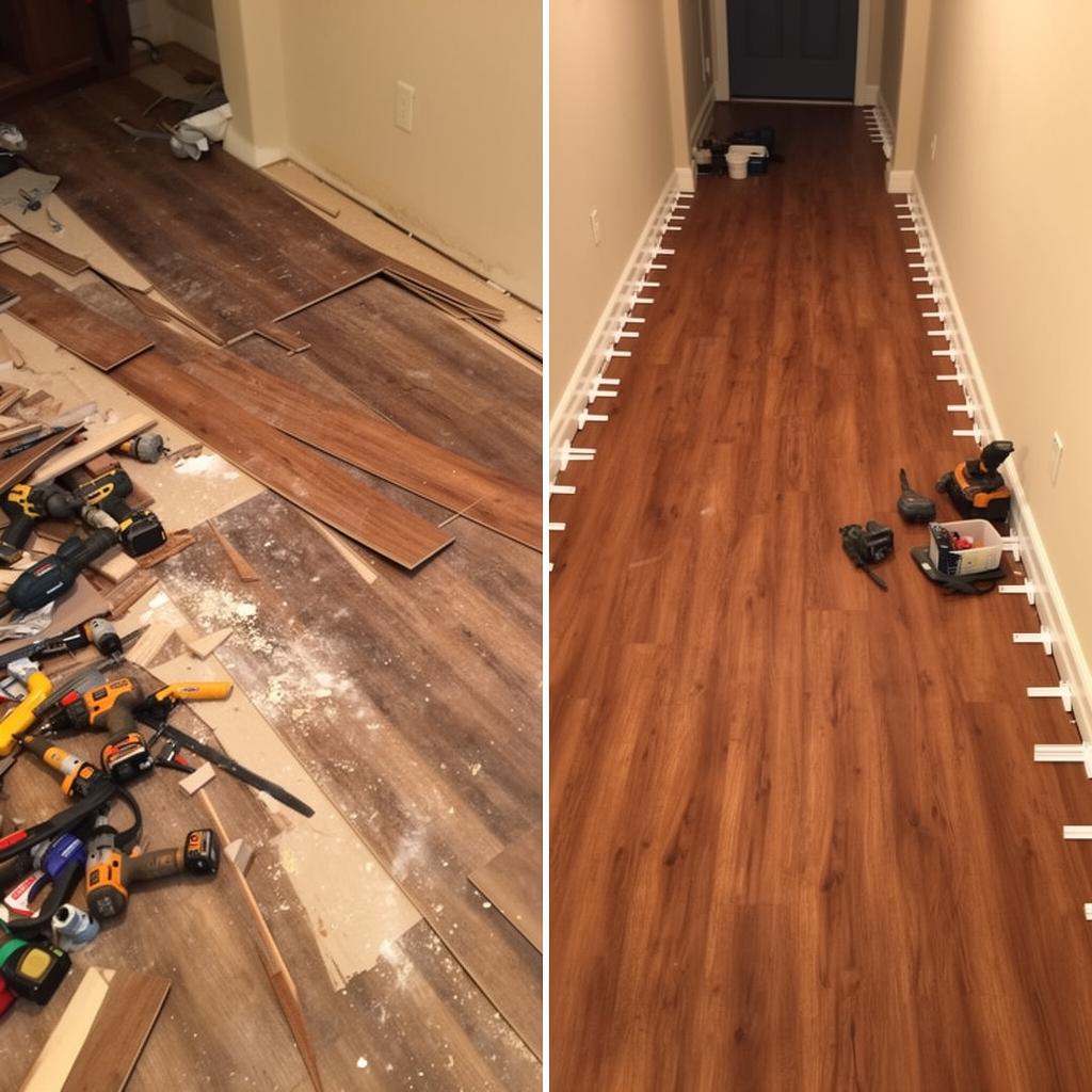 Side-by-side comparison: messy DIY luxury vinyl plank installation in progress on the left, clean professional installation with proper spacers on the right