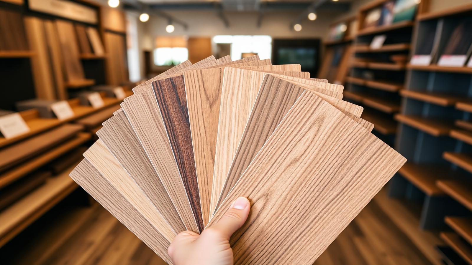 Customer holding a fan of luxury vinyl plank sample boards in warm oak and walnut tones inside a local flooring showroom