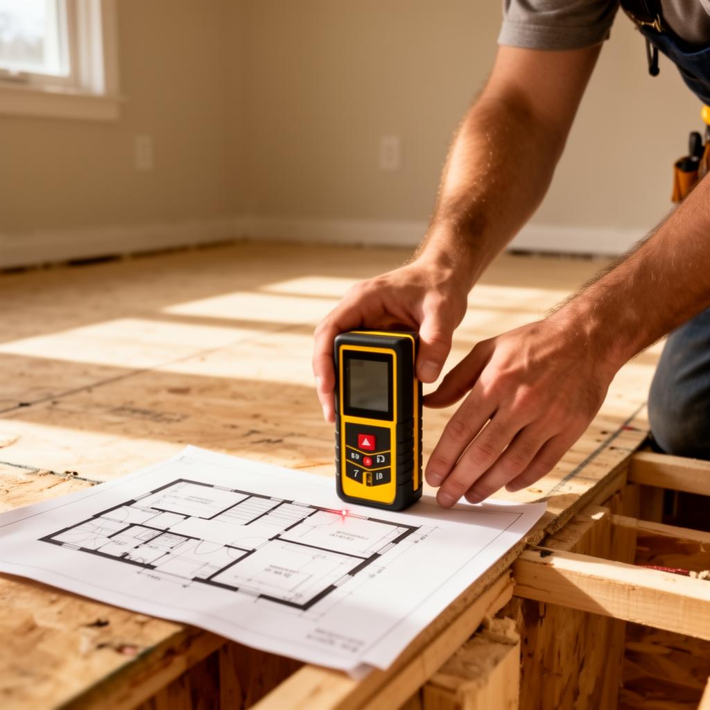 Contractor measuring a bare subfloor with a laser distance tool next to a printed floor plan