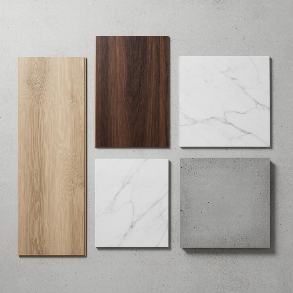 Four LVP samples on a concrete background: light oak plank, walnut plank, white marble tile, and gray concrete tile
