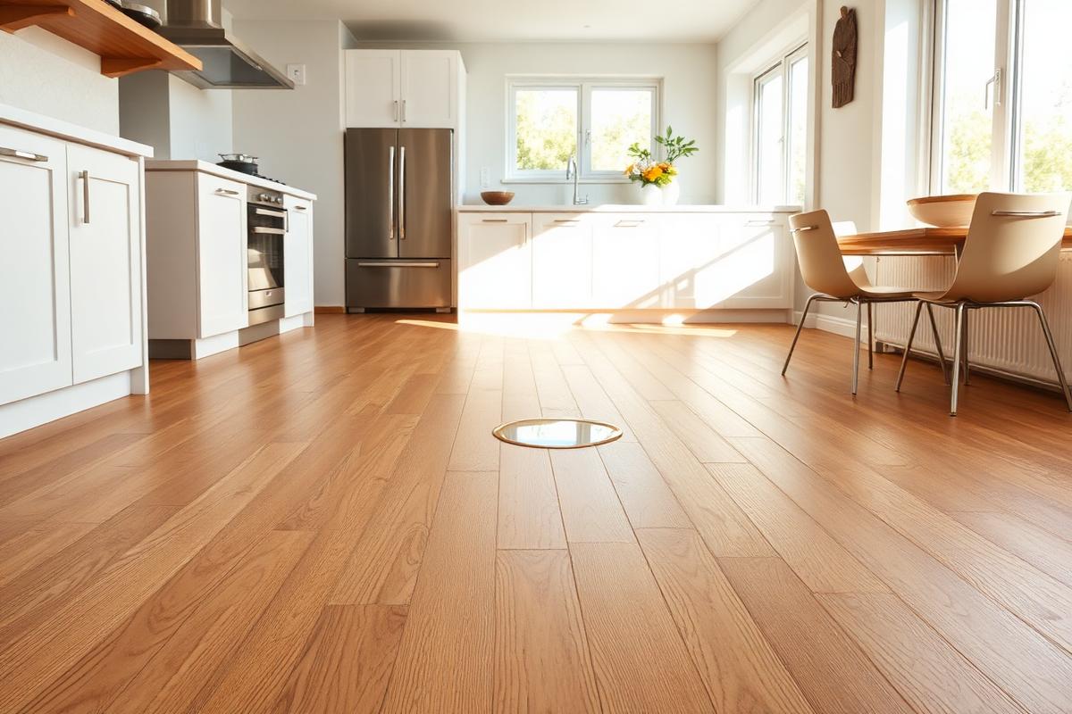 Modern kitchen with wood-look LVP flooring and water droplets beading on the waterproof surface