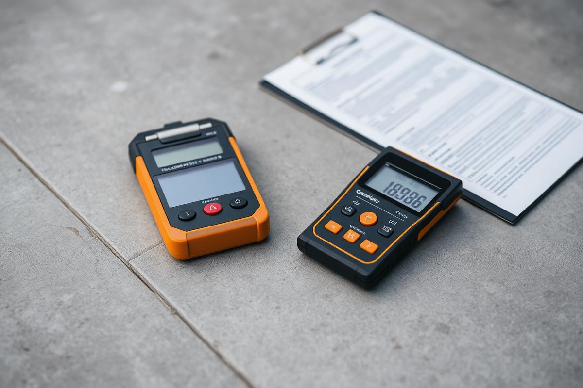 Concrete moisture meter and calcium chloride test kit on a slab with documentation