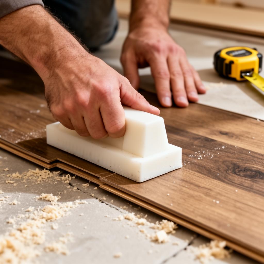 Close-up of an installer's hands using a tapping block to lock a luxury vinyl plank into place