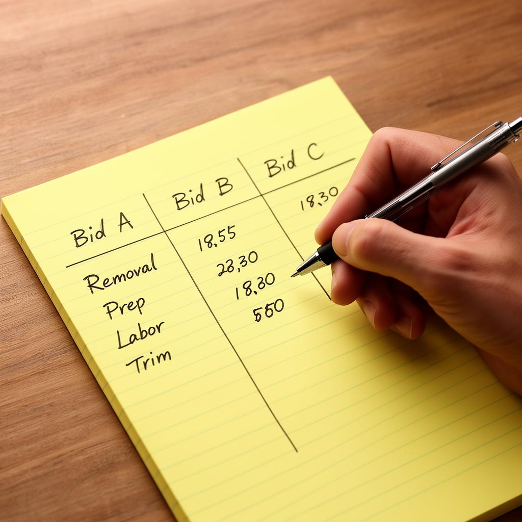 Hand writing a side-by-side flooring bid comparison on a yellow legal pad with Bid A, B, and C columns