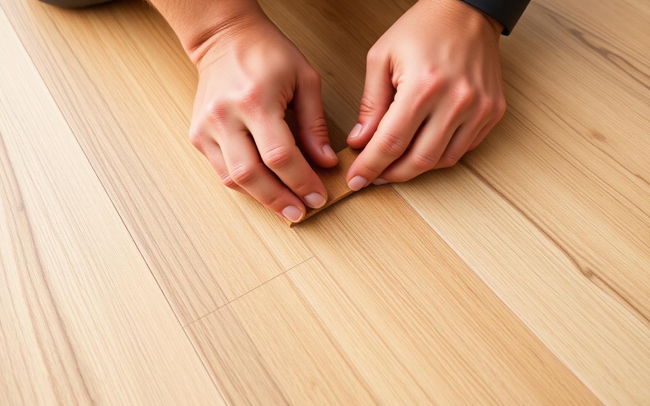 Professional installer&rsquo;s hands clicking together a wide oak luxury vinyl plank during a labor-only flooring installation