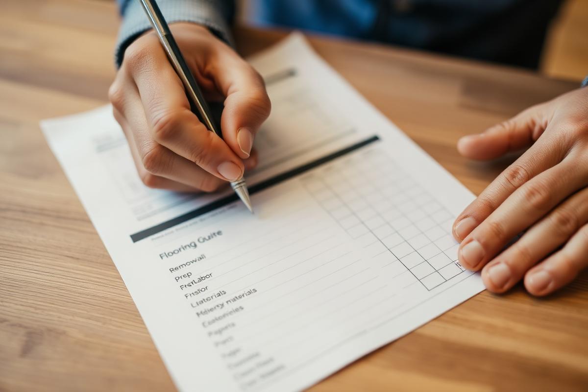 Contractor writing an itemized flooring quote with line items for removal, prep, labor, and materials