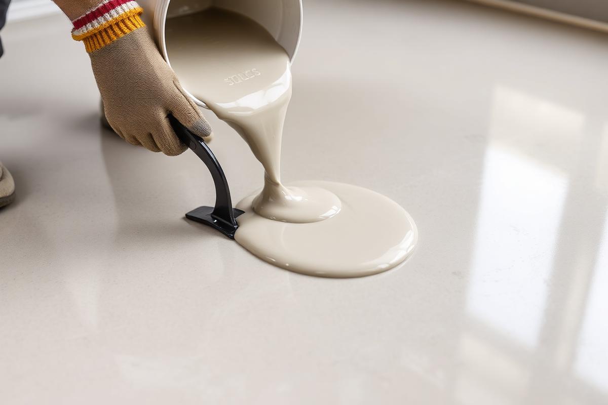 Self-leveling compound being poured and spread on a primed concrete subfloor