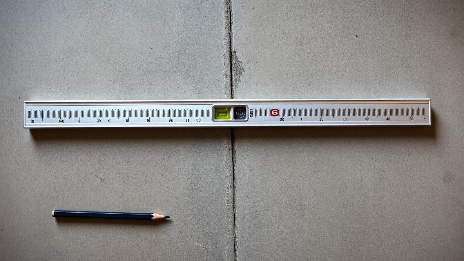 Six-foot level laid across a concrete subfloor showing a visible dip beneath the middle