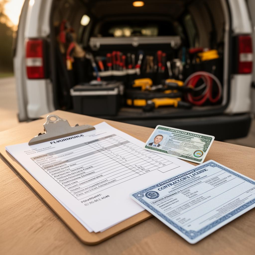 Itemized flooring quote on a clipboard next to a contractor's license and insurance certificate