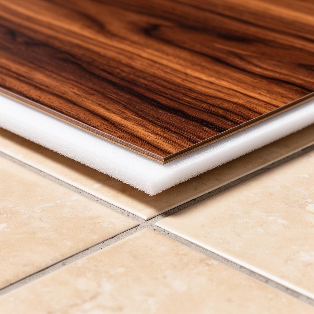 Cross-section showing LVP plank installed over thin foam underlayment on top of existing ceramic tile