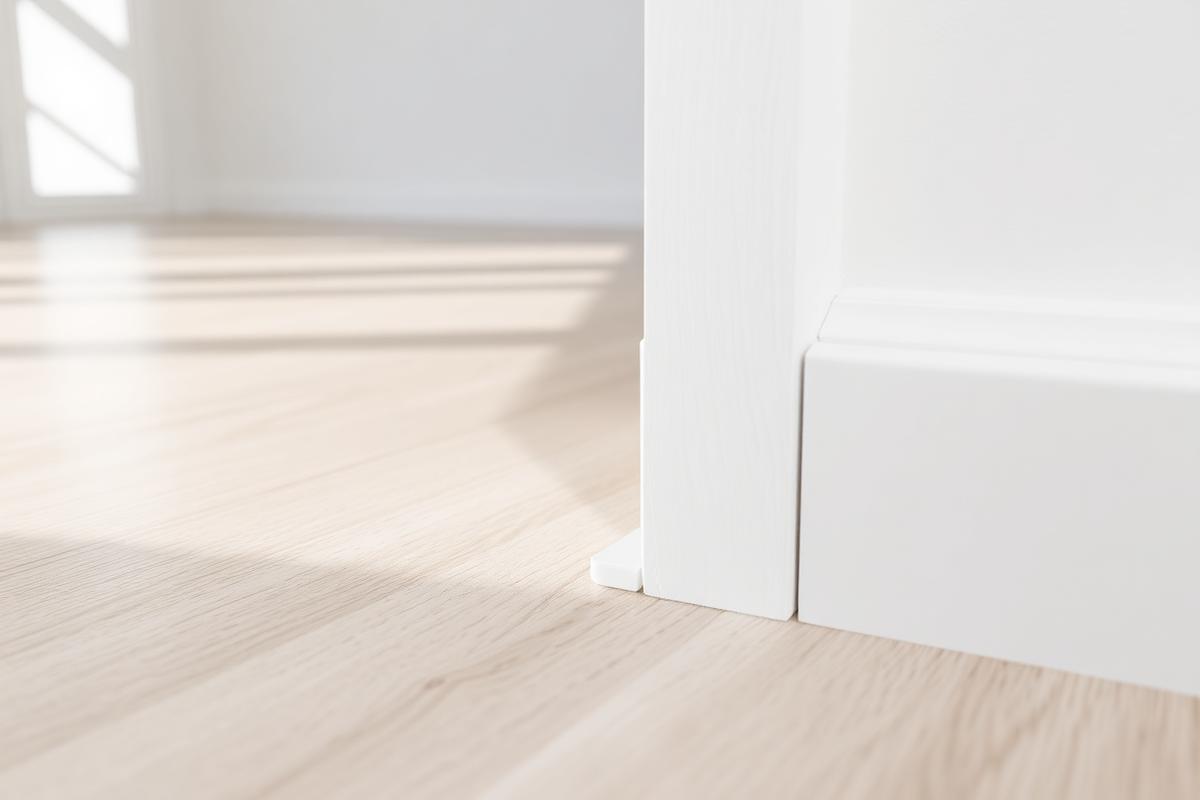 Clean expansion gap between LVP flooring and white baseboard with spacer