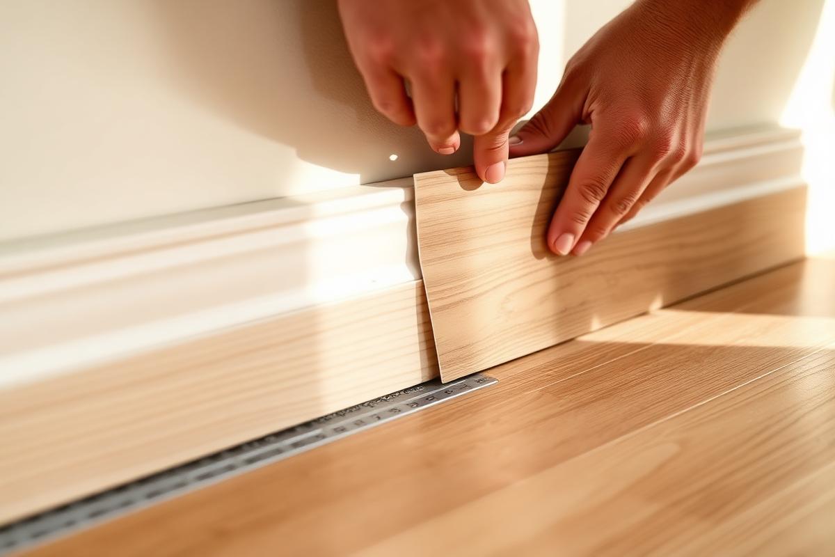 Installer placing an LVP plank with a visible expansion gap spacer against the wall