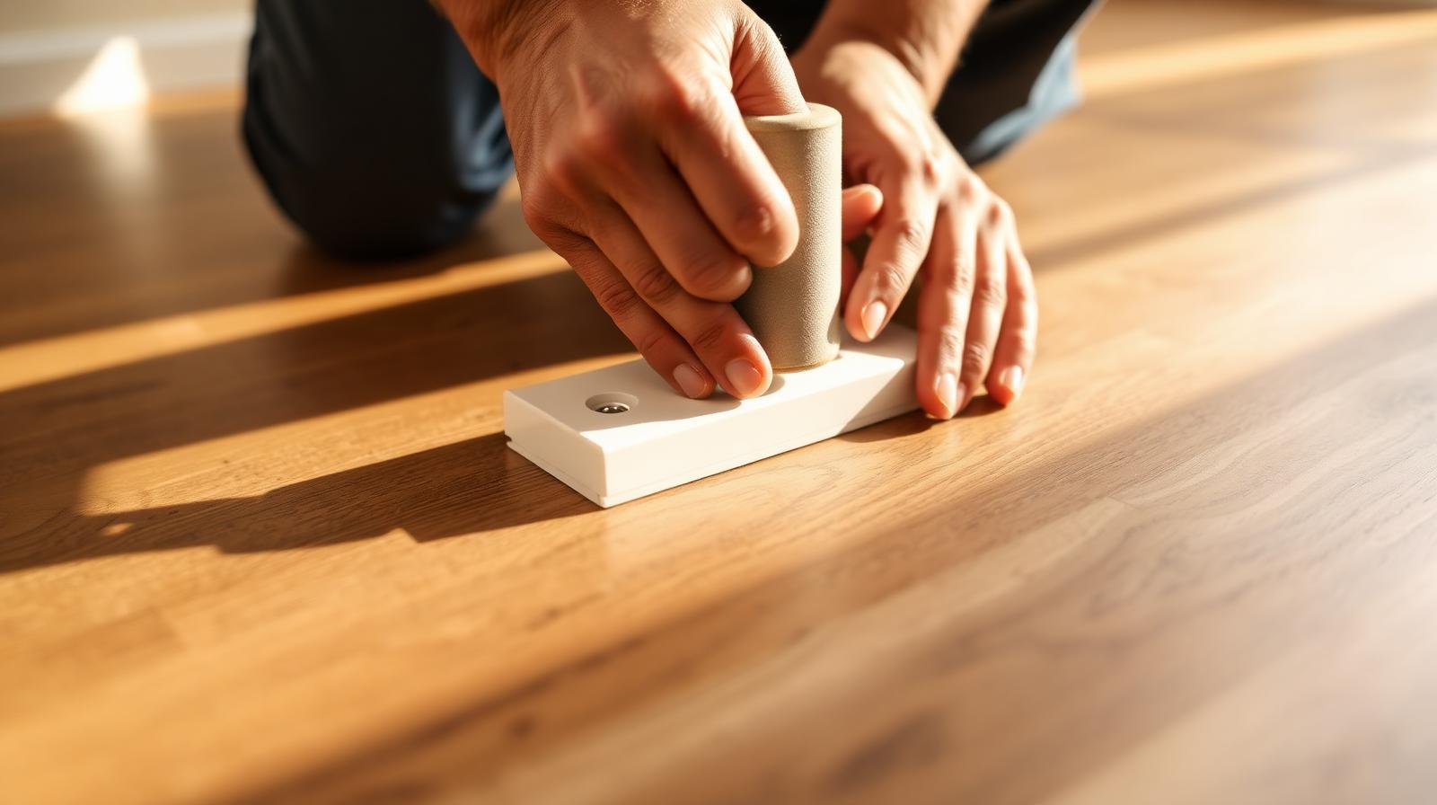 Flooring installer using a white tapping block and rubber mallet to seat a luxury vinyl plank into place