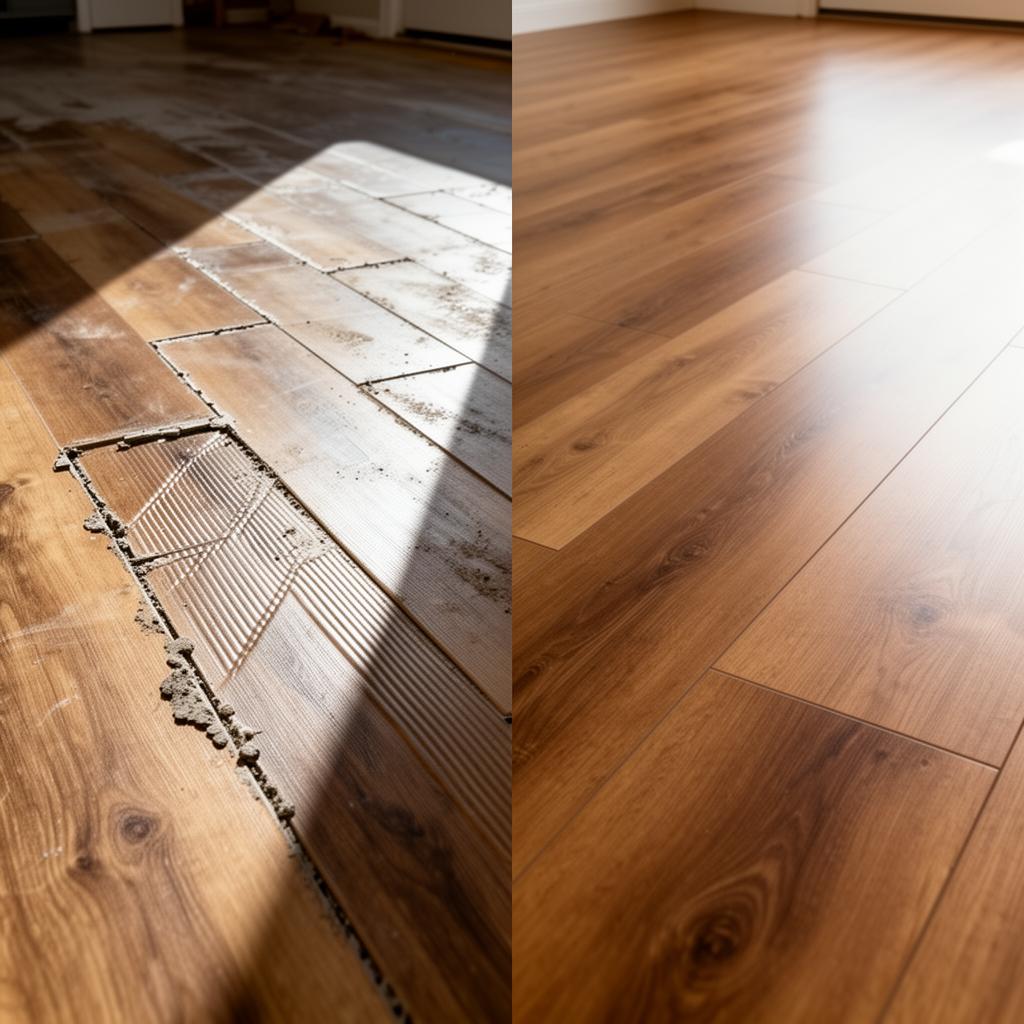 Comparison of failed LVP install with visible telegraphing on the left versus a smooth professional LVP installation on the right