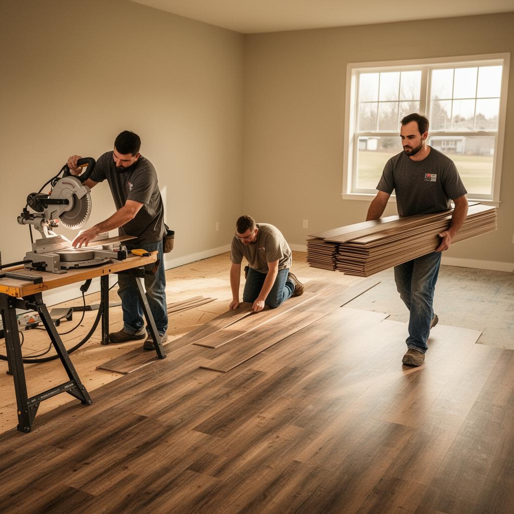 Three-person flooring crew working in parallel: one cutting LVP at a saw station, one fitting a plank, one carrying material