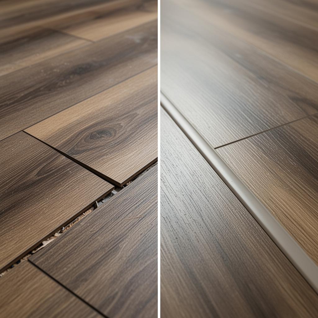 Side-by-side comparison of sloppy flooring installation with gaps versus tight, professional installation