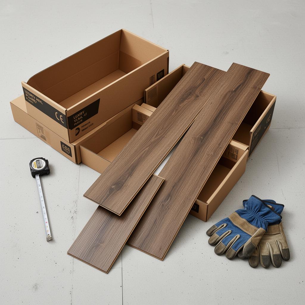 Opened LVP boxes with planks fanned out on a concrete subfloor next to a tape measure and installer gloves