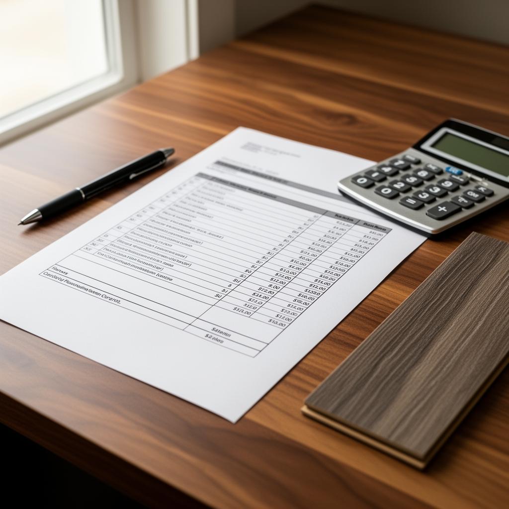 Itemized flooring installation quote on a wood desk with a calculator, pen, and small LVP sample