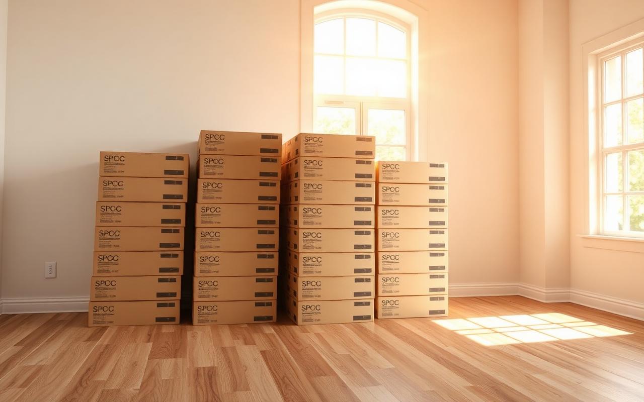 Customer-supplied flooring boxes acclimating in a bright empty room before installation