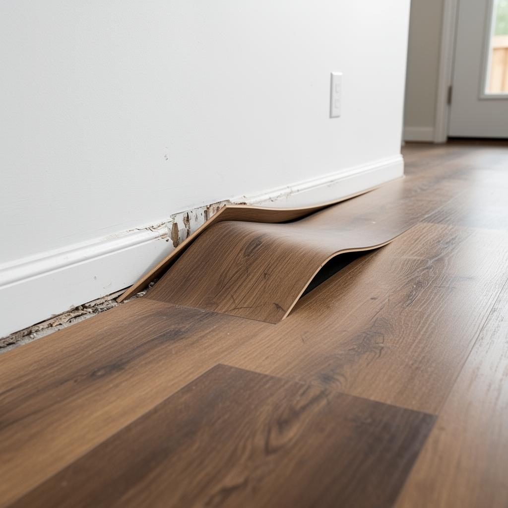 Buckled LVP planks lifting at the wall because no expansion gap was left during installation