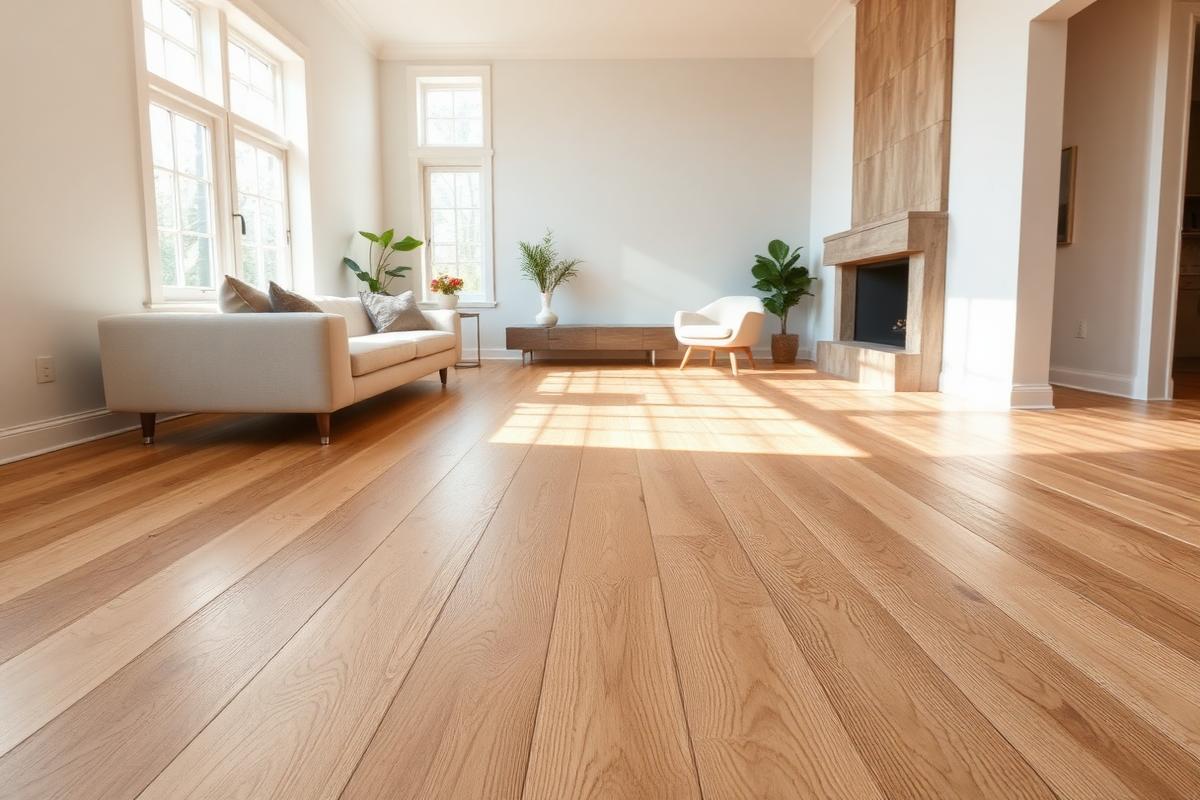 Beautifully installed wide-plank oak hardwood floor in a sunlit living room