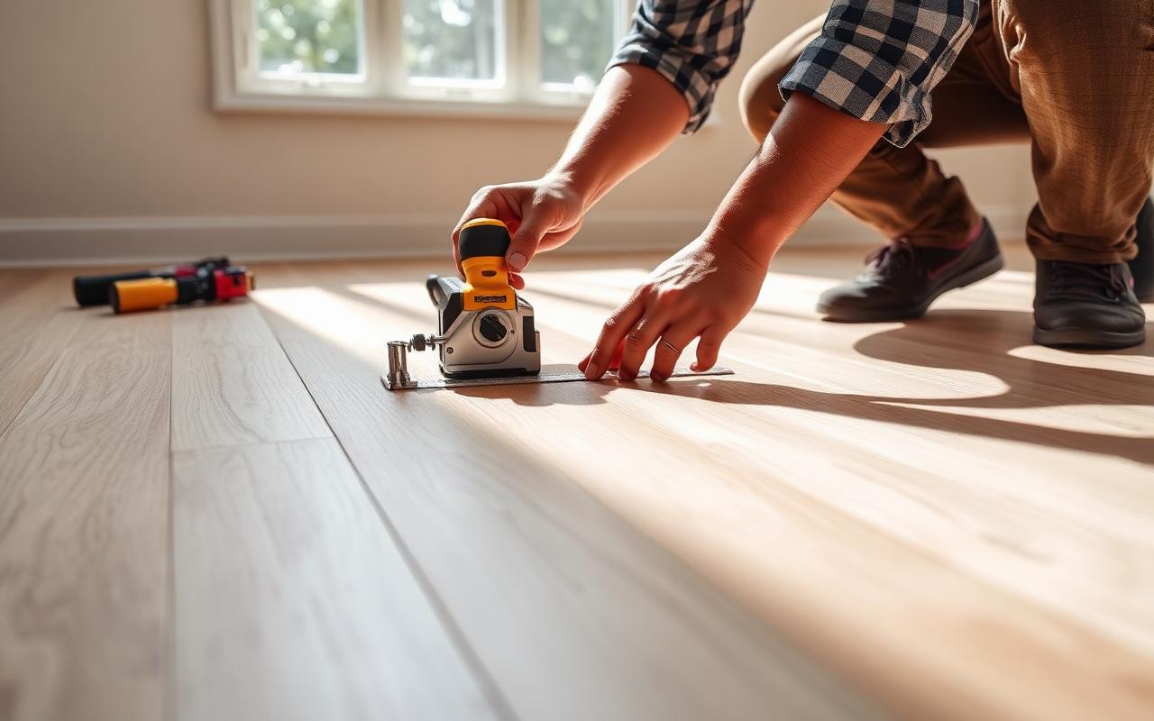 Professional installer measuring and cutting a luxury vinyl plank with a vinyl cutter during an LVP flooring installation