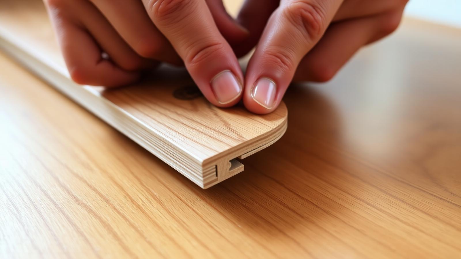 Close-up of luxury vinyl plank click-lock joint being engaged at an angle