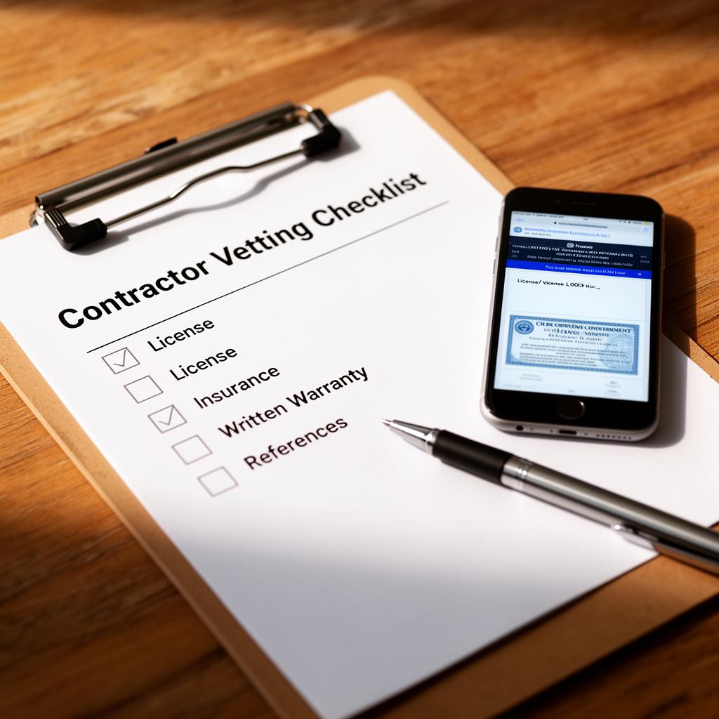 A printed contractor vetting checklist on a clipboard with checkboxes for license, insurance, written warranty, and references, beside a smartphone displaying a license-lookup web page