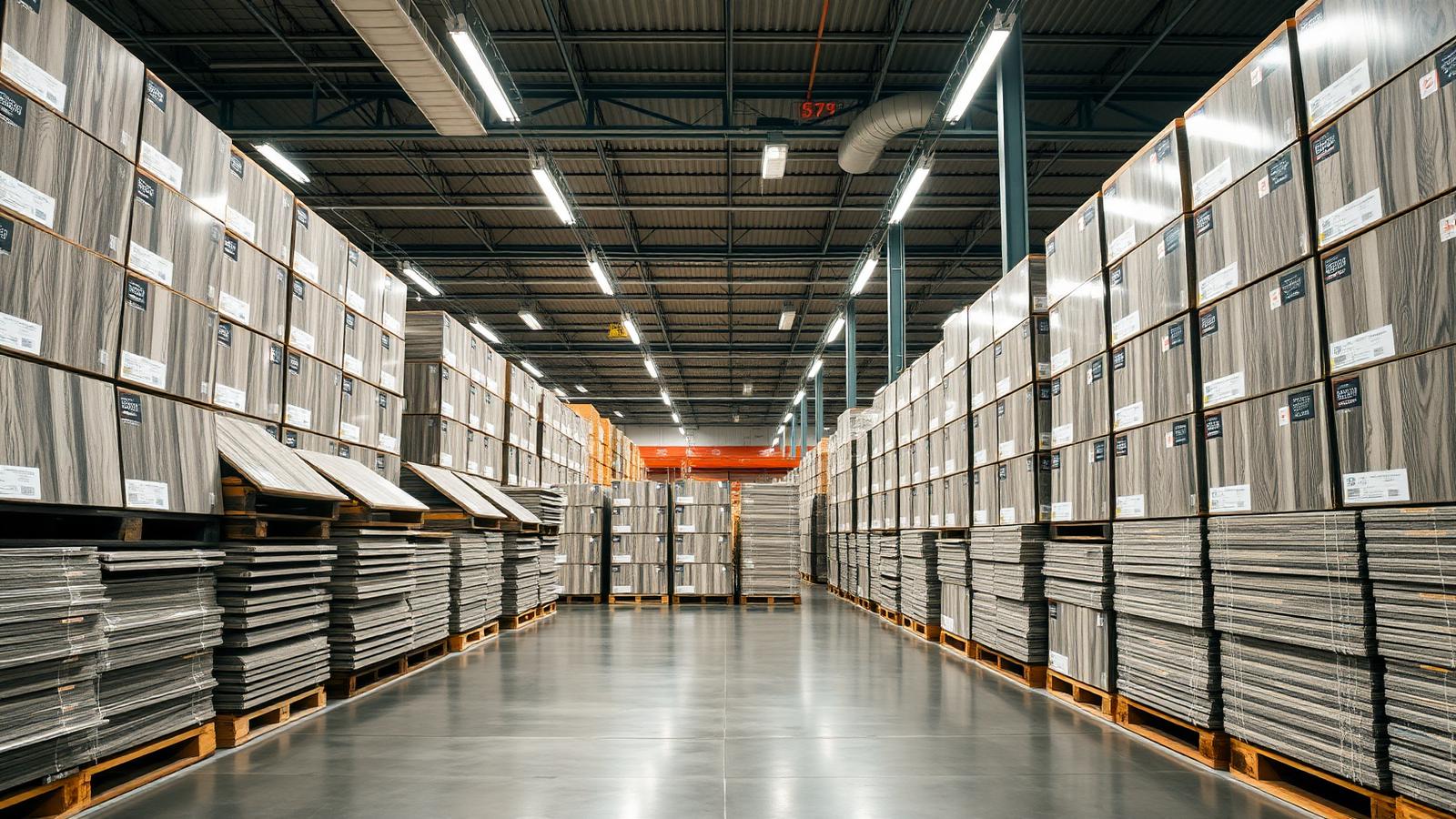 Pallets of boxed luxury vinyl plank flooring stacked in a big-box home improvement store aisle