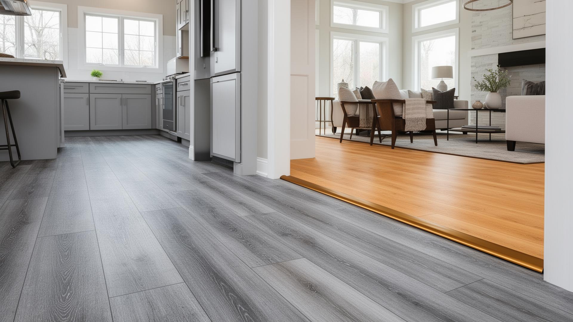 Open-concept home with cool gray LVP in the kitchen meeting warm honey-tone LVP in the living room at a bronze T-molding transition strip.
