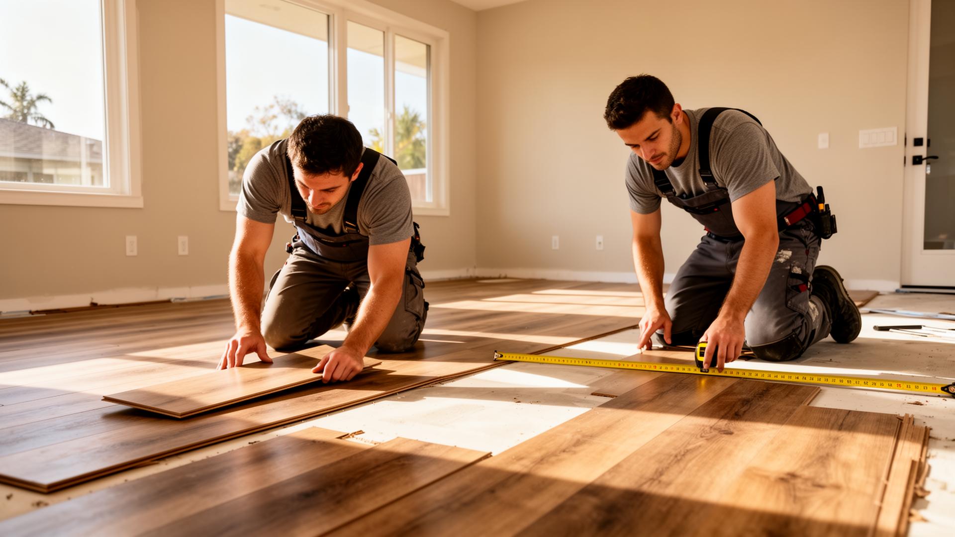 Two professional installers laying luxury vinyl plank flooring in a bright living room