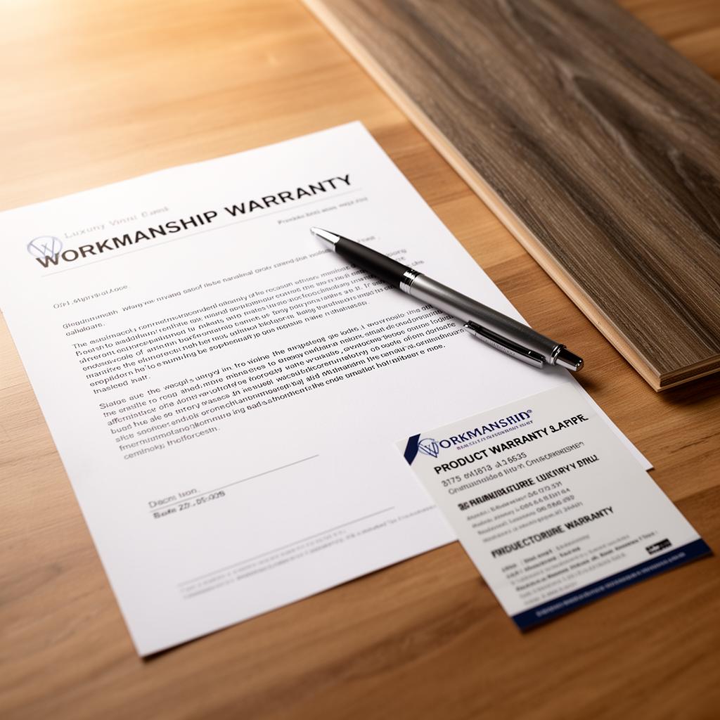 A printed workmanship warranty certificate beside a manufacturer product warranty card and a luxury vinyl plank sample on a wood surface