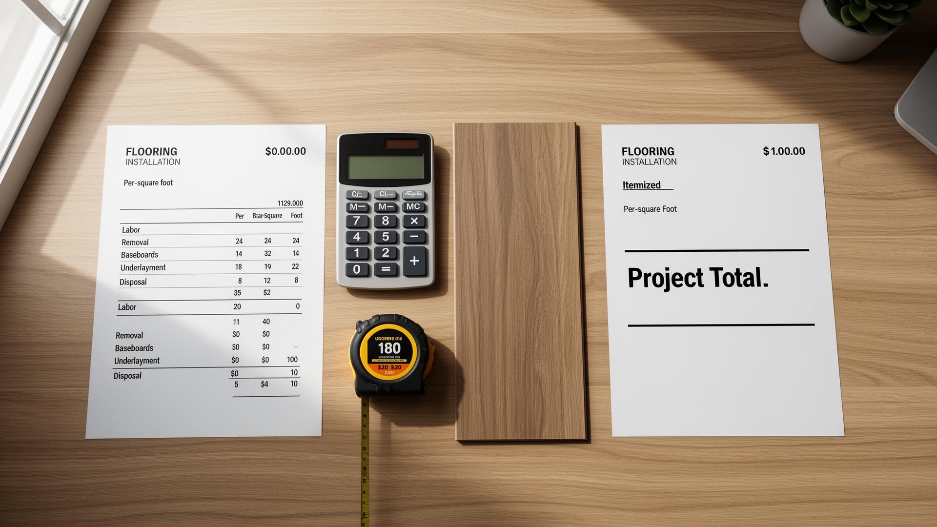 Two flooring installation quotes side by side on a walnut desk: one itemized per square foot, the other a single project total, with a calculator, tape measure, and LVP sample.