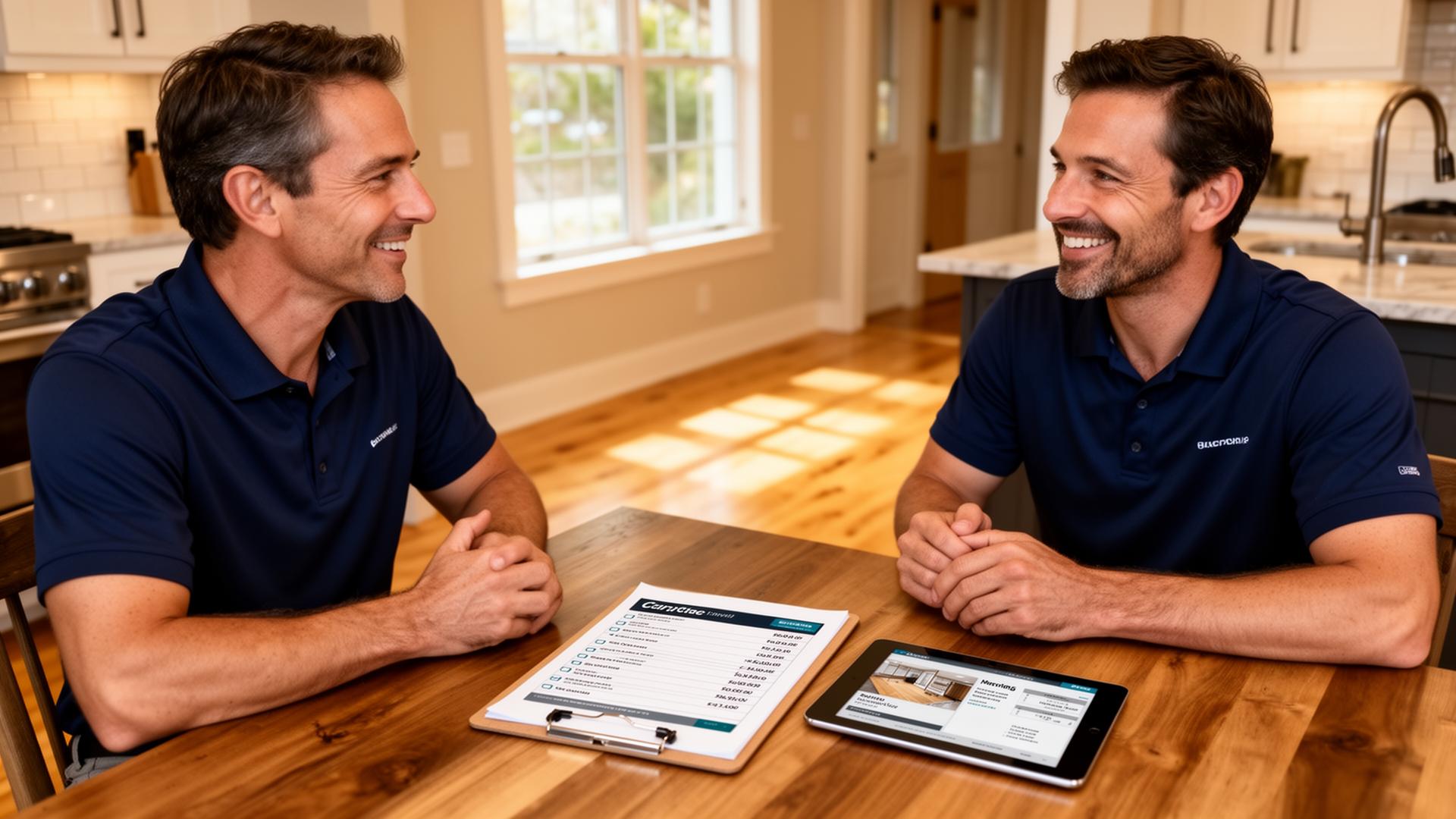 Homeowner and a professional flooring contractor reviewing a printed checklist at a kitchen table