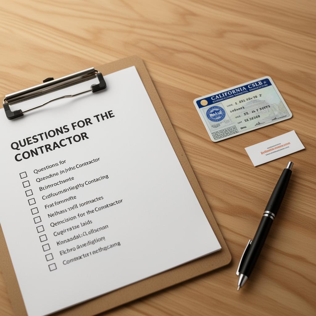 Printed contractor question checklist on a clipboard next to a California CSLB license card and a pen on a wooden table