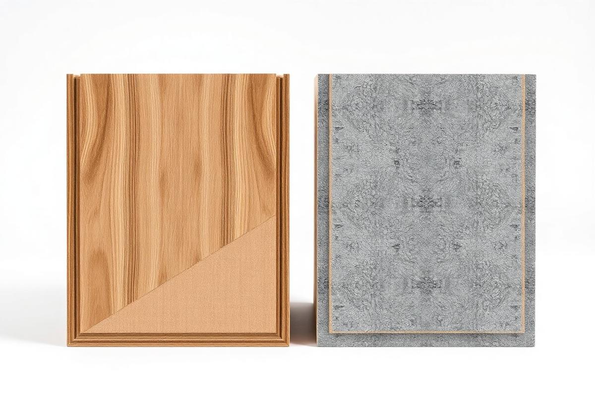 Cross-section comparison showing laminate HDF wood-fiber core versus LVP stone-plastic SPC core
