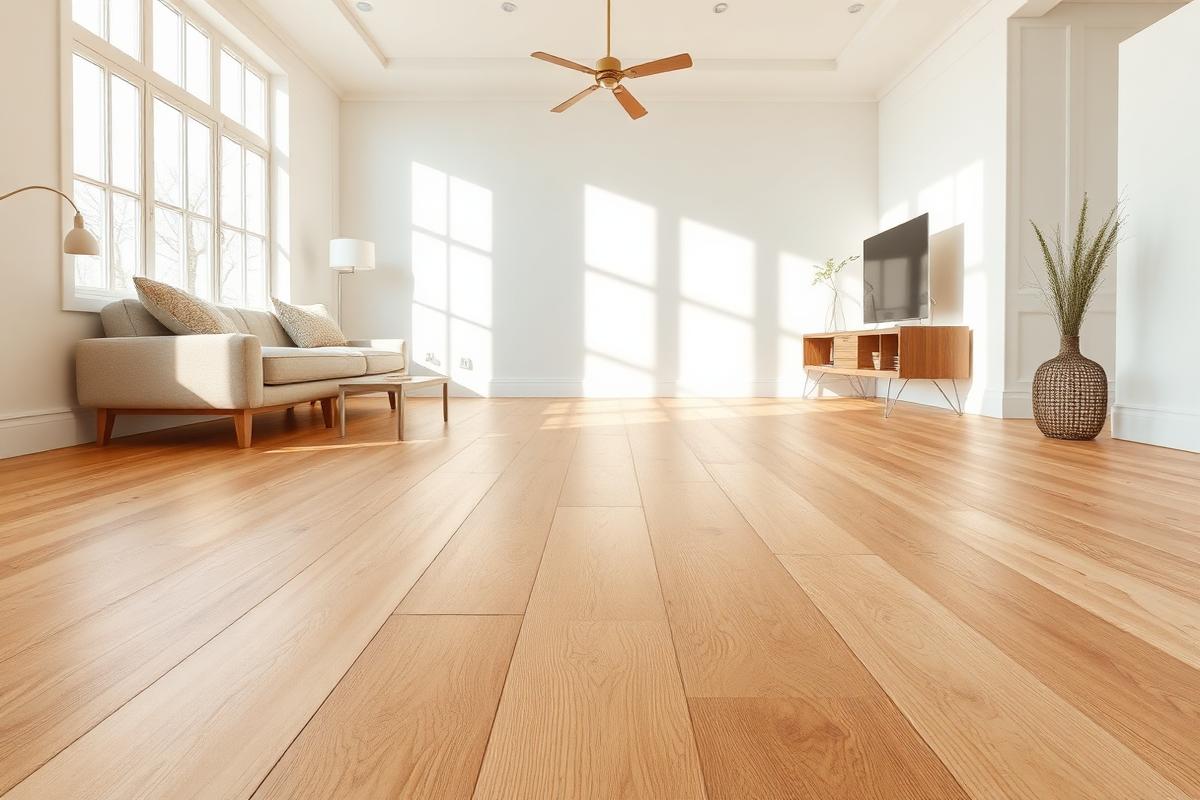 Beautifully installed wide-plank hardwood floor in a sunlit living room