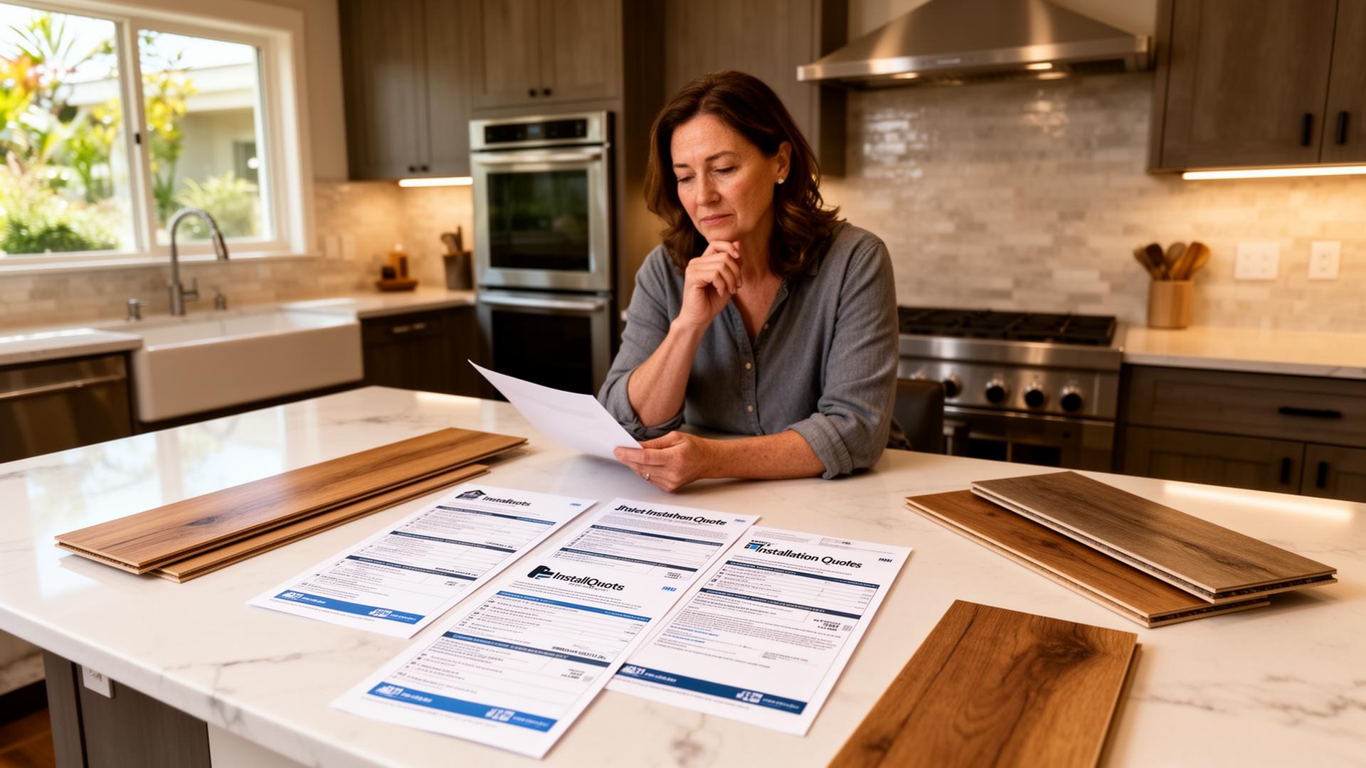 Homeowner reviewing three flooring installation quotes at a kitchen island with flooring samples