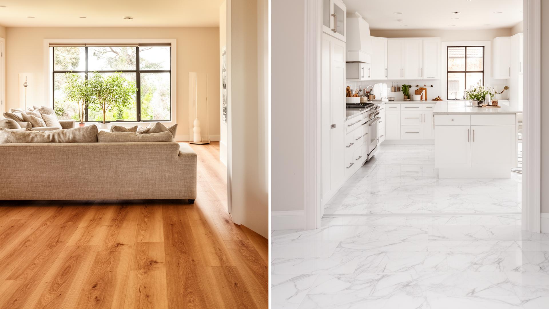 California home interior split between warm oak wood-look LVP living room and white marble stone-look LVP kitchen