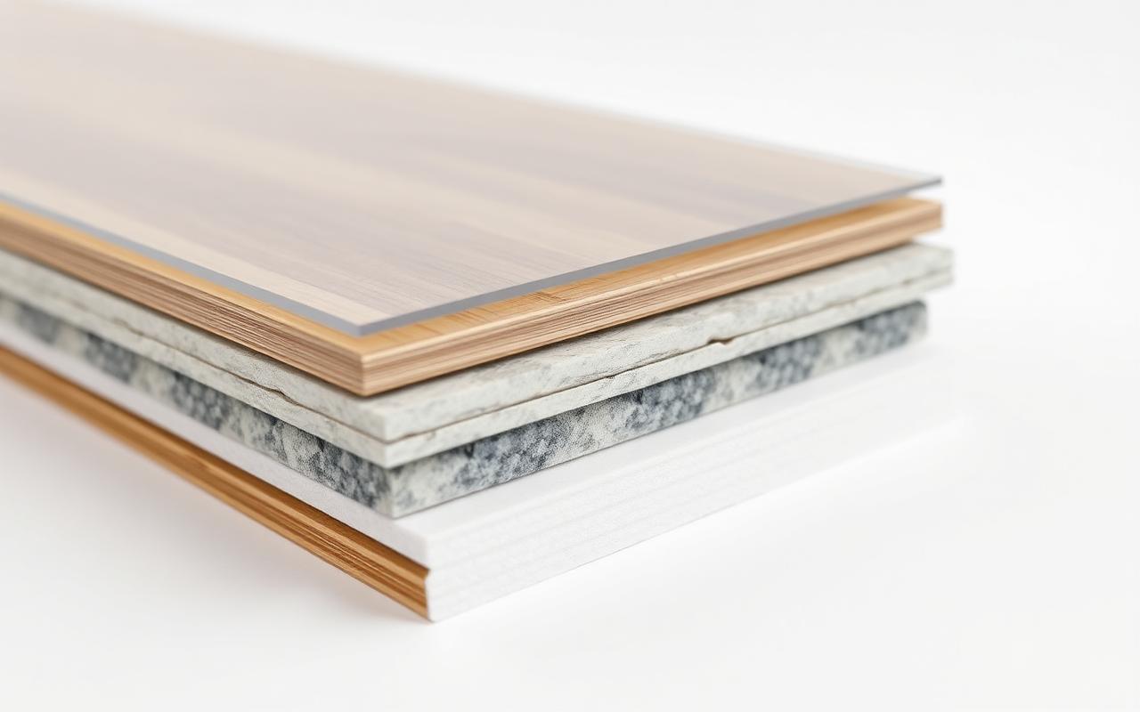 Cross-section of an SPC luxury vinyl plank showing the wear layer, printed film, rigid stone polymer core, and attached underlayment pad