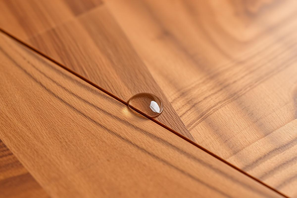 Water droplet beading on the tight seam of a luxury vinyl plank floor
