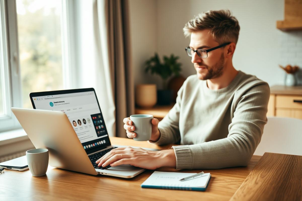 Homeowner reading online reviews of local flooring contractors on a laptop